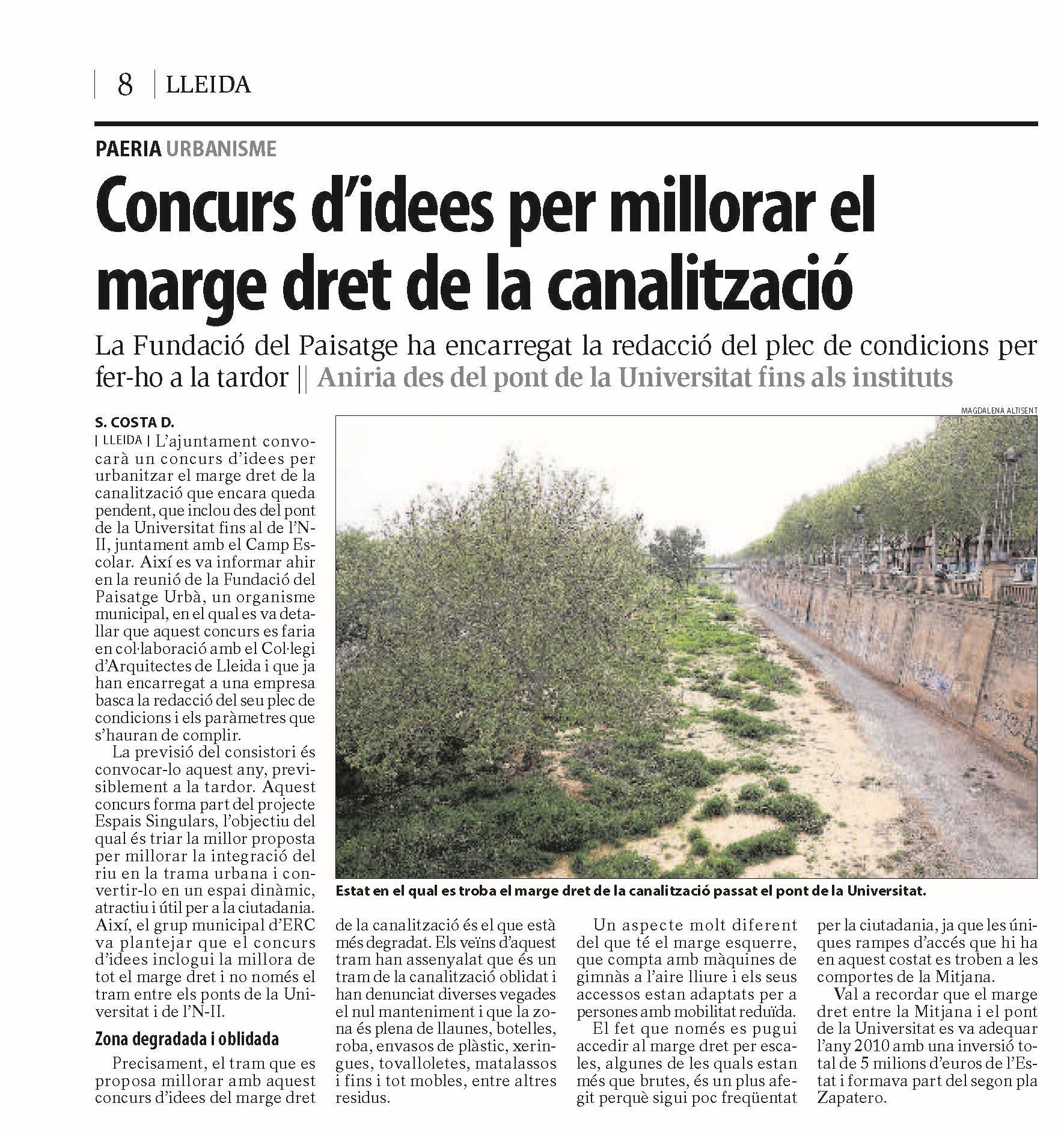 CONCURS D’IDEES PER MILLORAR EL MARGE DRET DE LA  CANALITZACIÓ DEL RIU A LLEIDA